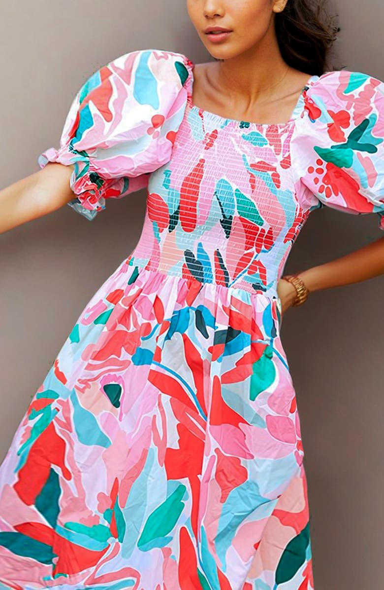 Jessie Zhao New York Marisa Watermelon Smocked Midi Dress, Alternate, color, Red