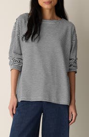Eileen Fisher Striped Organic Cotton Bateau Neck Boxy Top