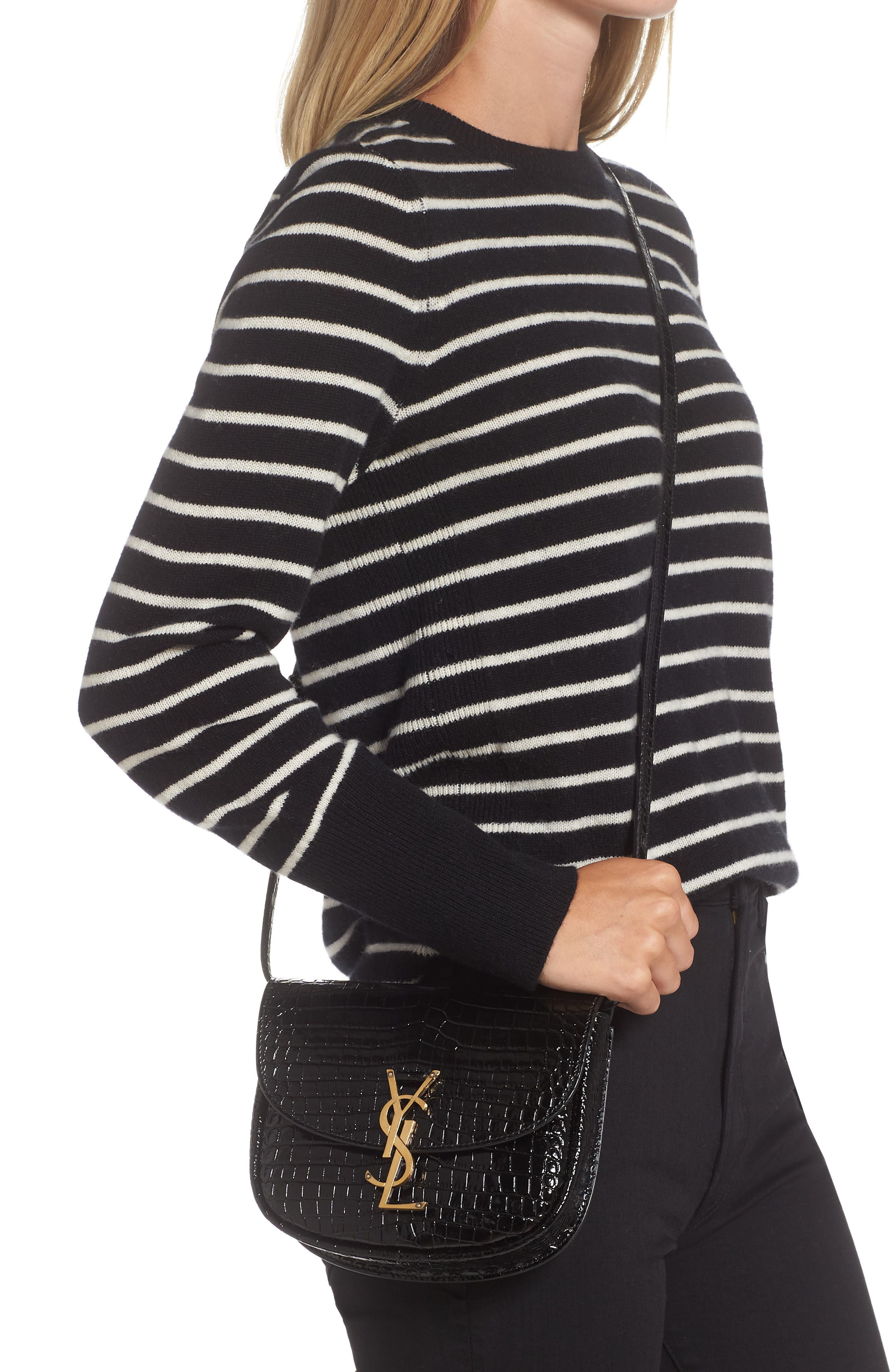 Saint Laurent Kaia Croc Embossed Leather Crossbody Bag, Alternate, color, 
