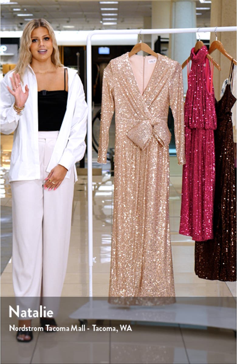 Sequin Wrap Front Long Sleeve Gown, sales video thumbnail