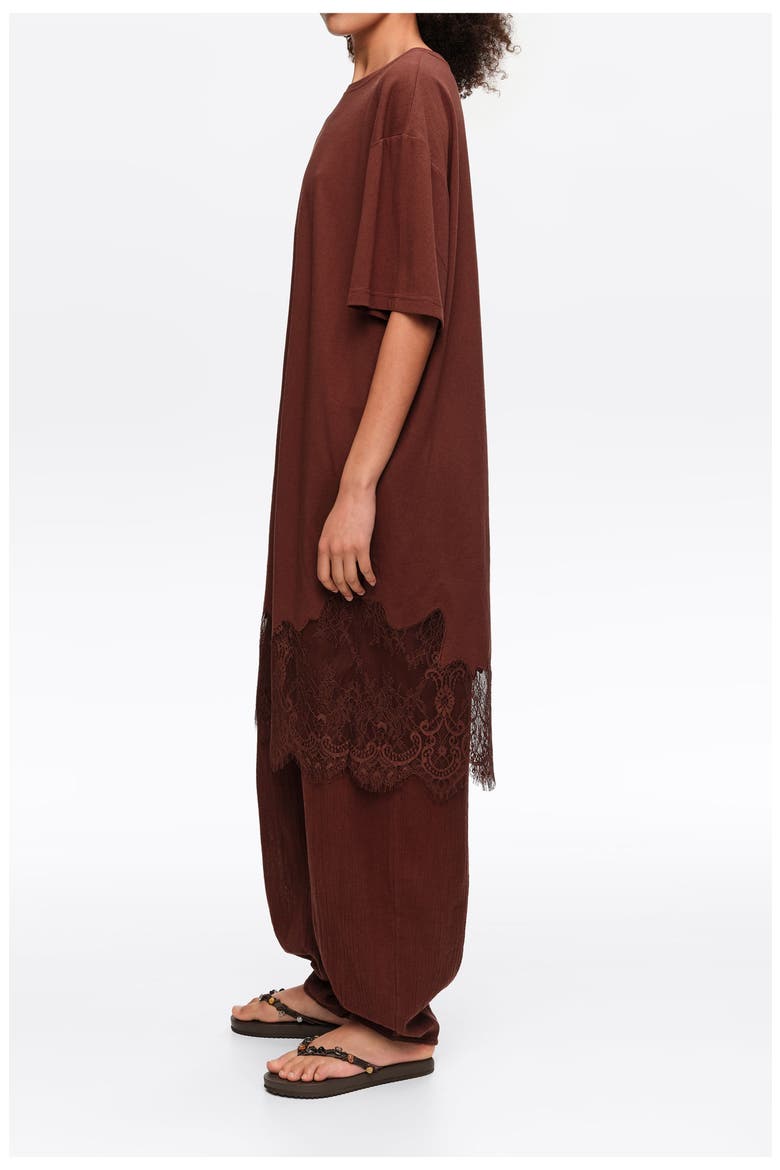 Short Lace T-Shirt Dress, Alternate, color, BROWN