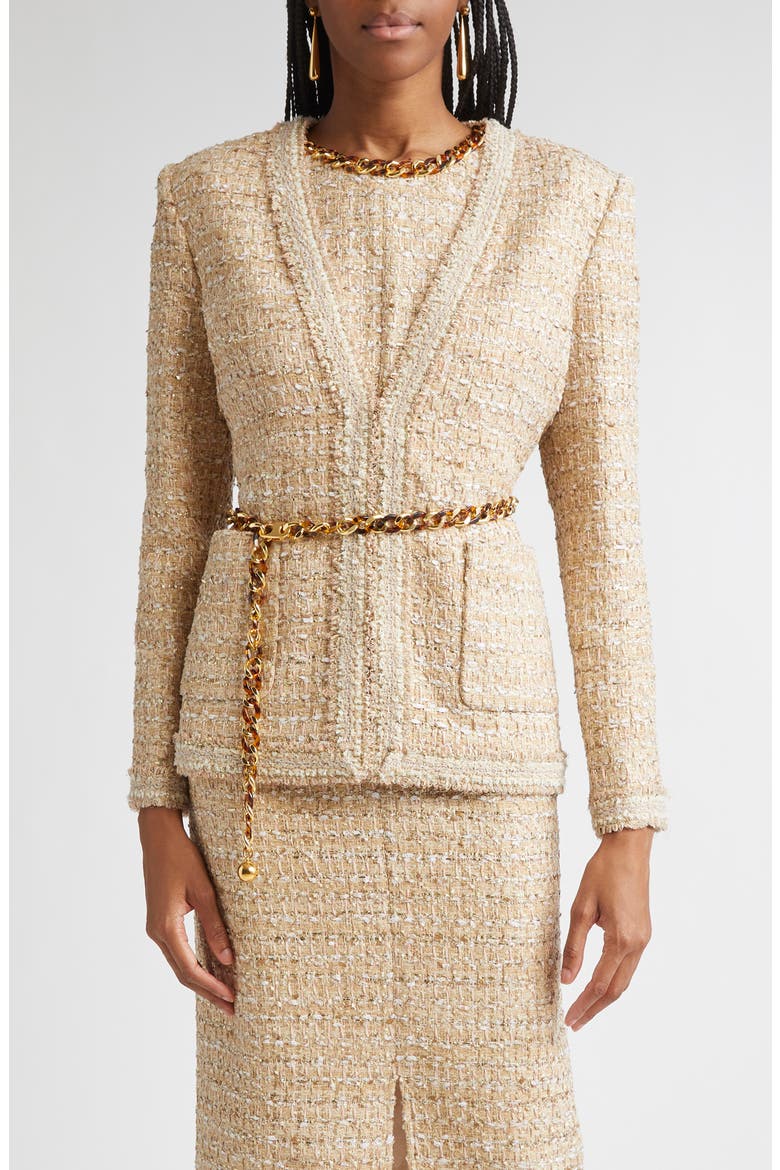 Tweed Jacket with Chain Belt, Main, color, FLAX WILLOW/ IVORY MULTI