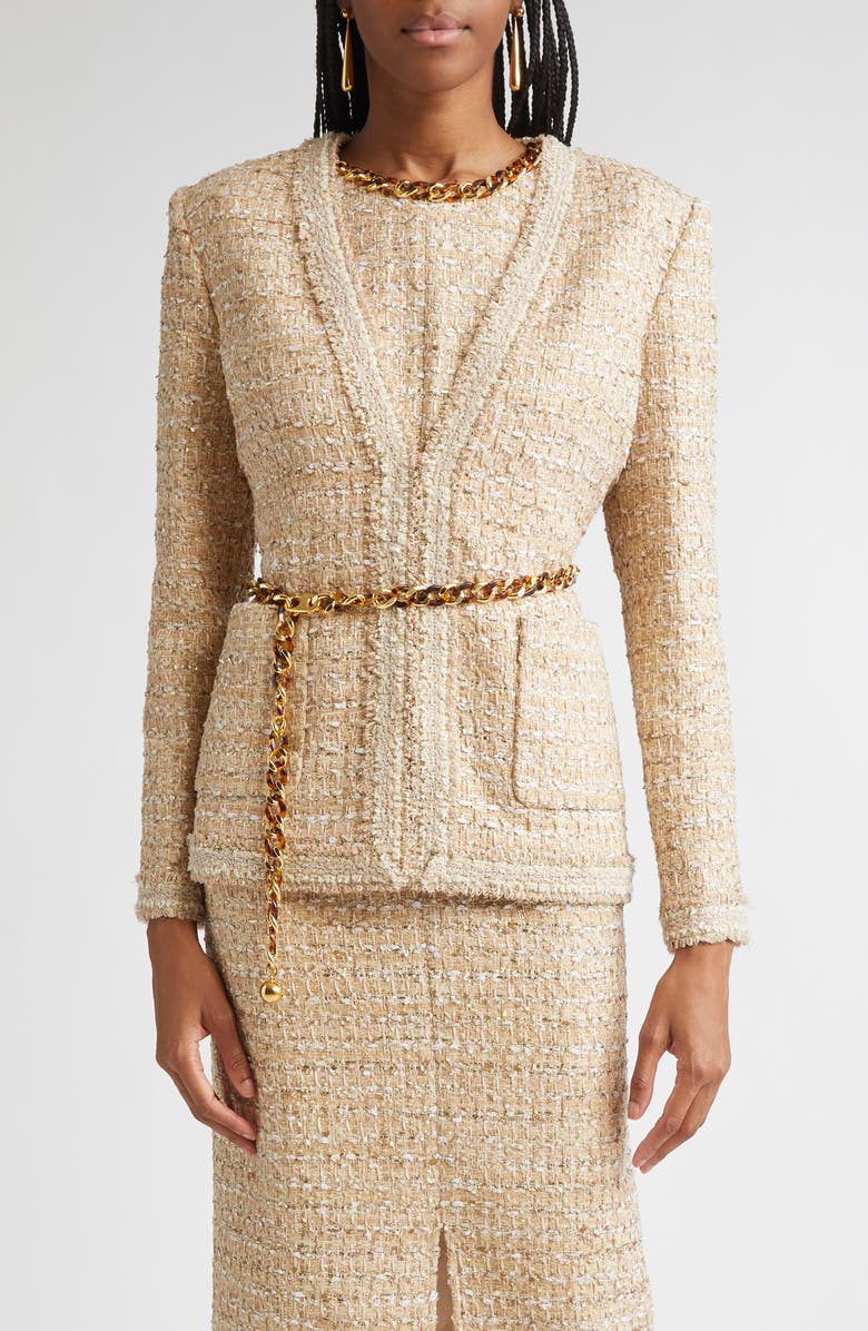 ST. JOHN Tweed Jacket with Chain Belt, Main, color, Flax Willow/ Ivory Multi