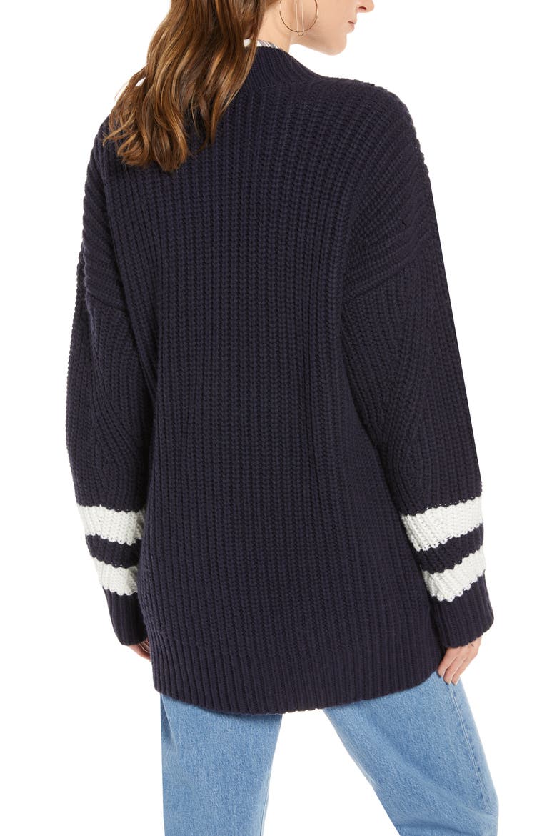 Stripe Detail Open Front Cotton & Wool Blend Cardigan, Alternate, color, NAVY- IVORY COMBO
