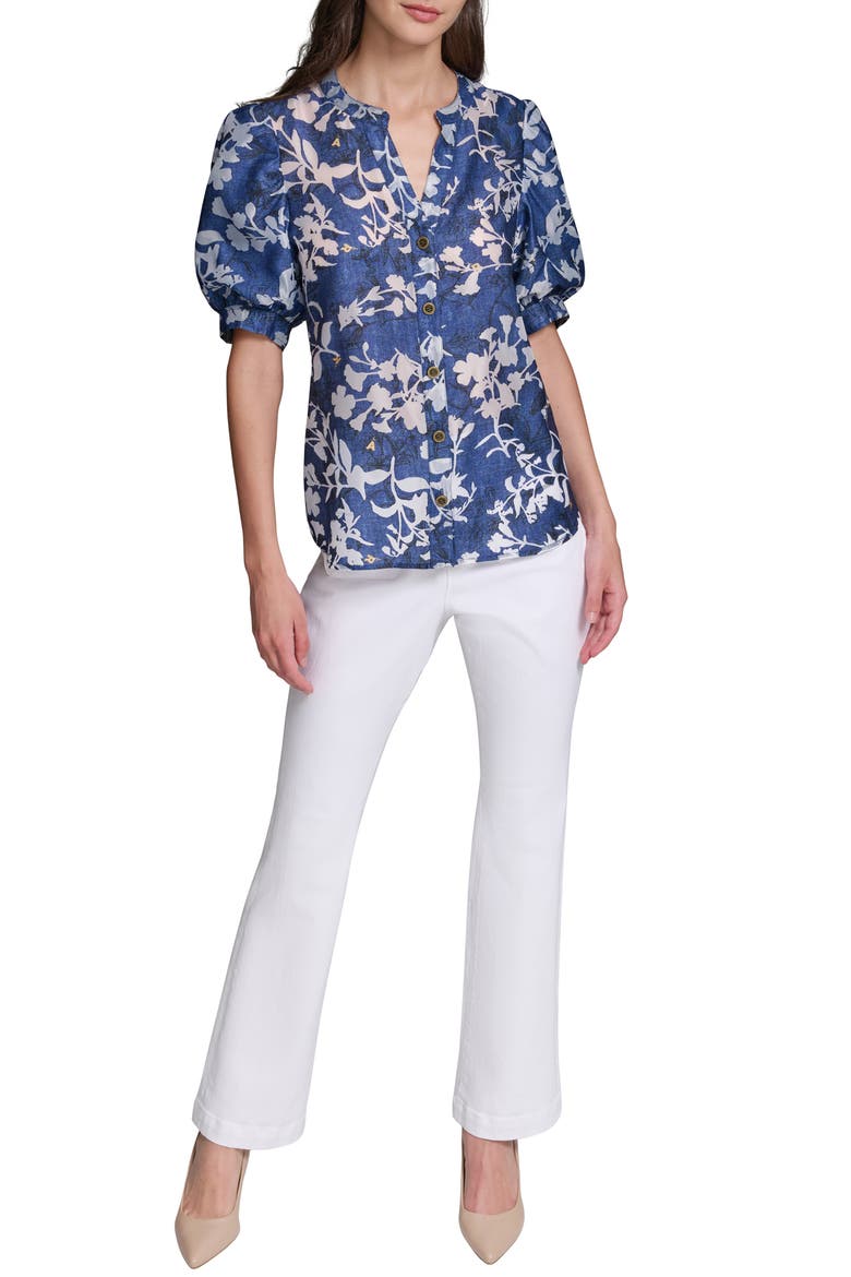 Print Puff Sleeve Shirt, Alternate, color, MIDNIGHT NAVY/ SOFT WHITE