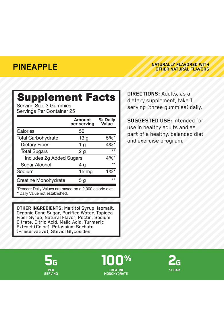 Creatine Gummies (Pineapple) 5g Creatine per Serving, 75 Gummies (25 Servings) Muscle, Power, Strength & Training Volume Support + Post-Workout Recovery, Alternate, color, None