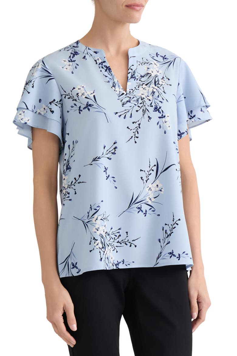 Floral Flutter Sleeve Split Neck Top, Alternate, color, MORNING BLUE MULTI