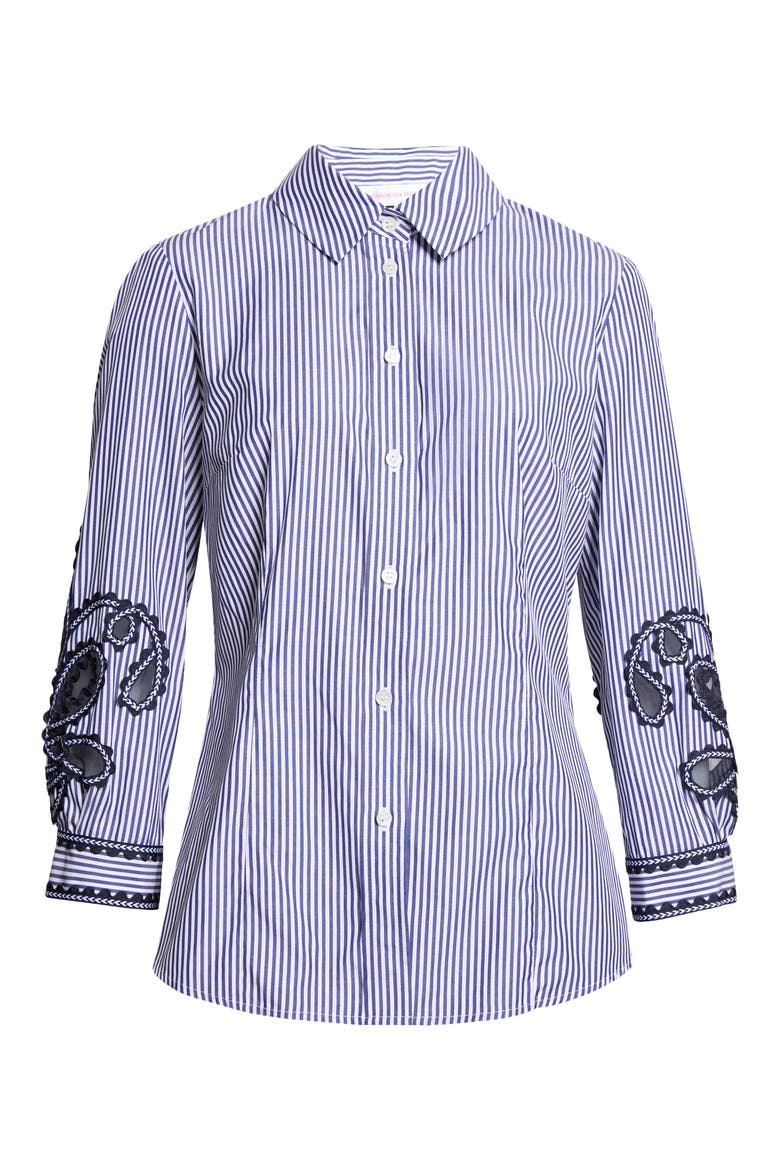 Ana Embroidered Stripe Cotton Button-Up Shirt, Alternate, color, WHITE/ BLUE