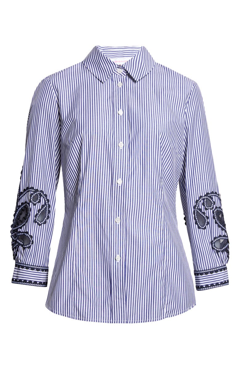 Carolina Herrera Ana Embroidered Stripe Cotton Button-Up Shirt, Main, color, White/ Blue