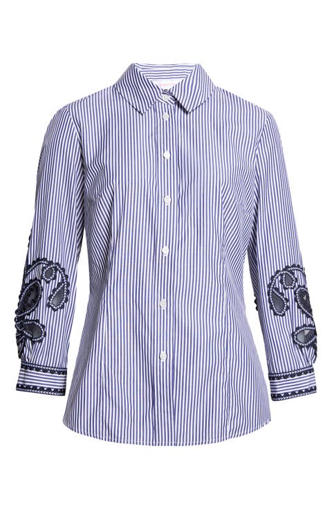 Ana Embroidered Stripe Cotton Button-Up Shirt