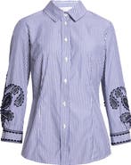 Carolina Herrera Ana Embroidered Stripe Cotton Button-Up Shirt