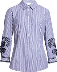 Carolina Herrera Ana Embroidered Stripe Cotton Button-Up Shirt
