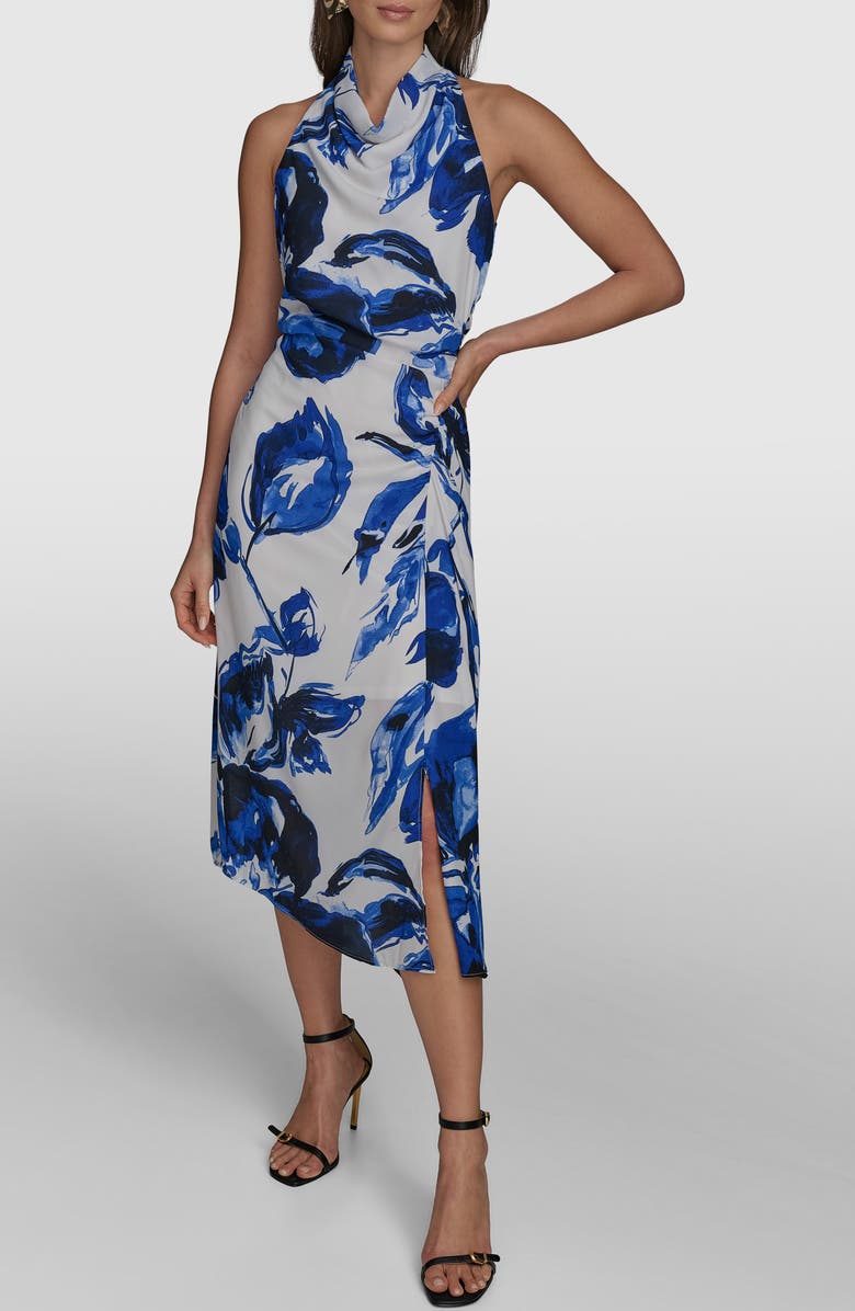 Donna Karan New York Floral Cowl Neck Asymmetric Dress, Main, color, Cream/ Electric