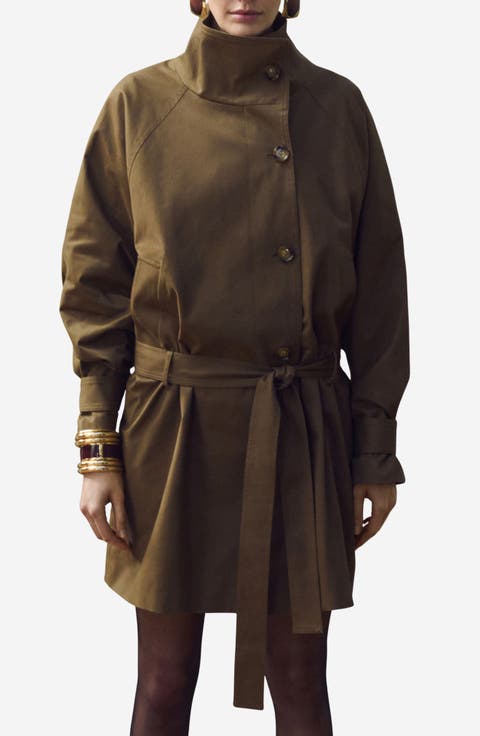Funnel Neck Belted Trench Coat