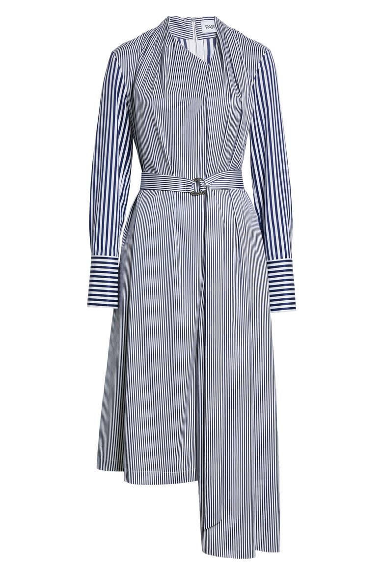 Taylor Belted Long Sleeve Asymmetrical Midi Dress, Alternate, color, BOLD NAVY STRIPE COMBO