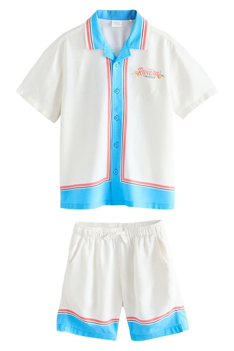 Kids' Postcard Print Camp Shirt & Drawstring Shorts Set, Main, color, WHITE