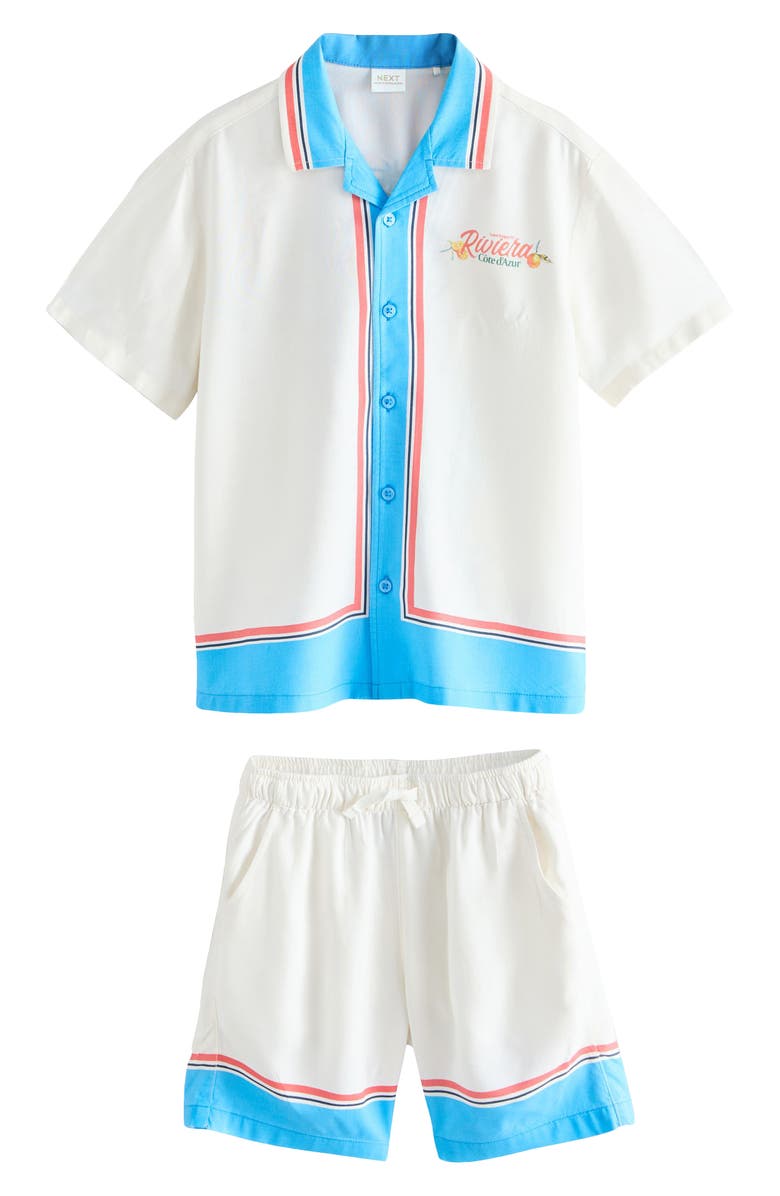 NEXT Kids' Postcard Print Camp Shirt & Drawstring Shorts Set, Main, color, White