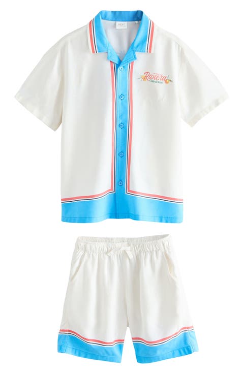 Kids' Postcard Print Camp Shirt & Drawstring Shorts Set