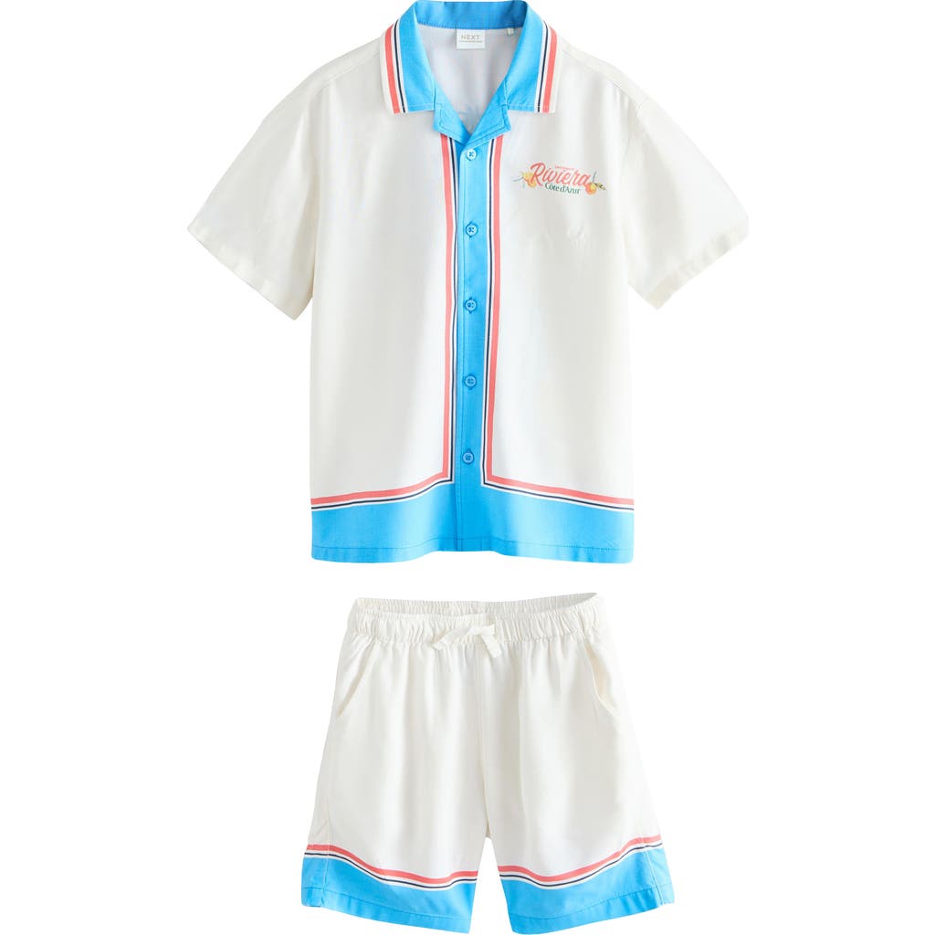 Next Kids' Postcard Print Camp Shirt & Drawstring Shorts Set In White