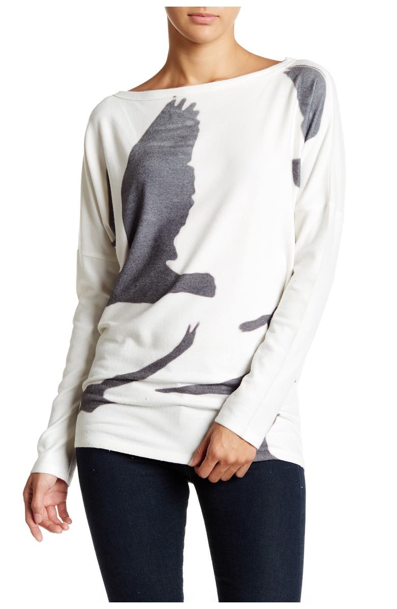 GO COUTURE Printed Dolman Tunic Sweater, Main, color, Ivory Flock Of Birds
