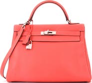 Pre-Owned Hermes Kelly Handbag Red Clemence with Palladium Hardware 32