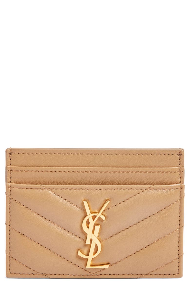 Saint Laurent Cassandra Matelassé Leather Card Case, Main, color, Natural Tan