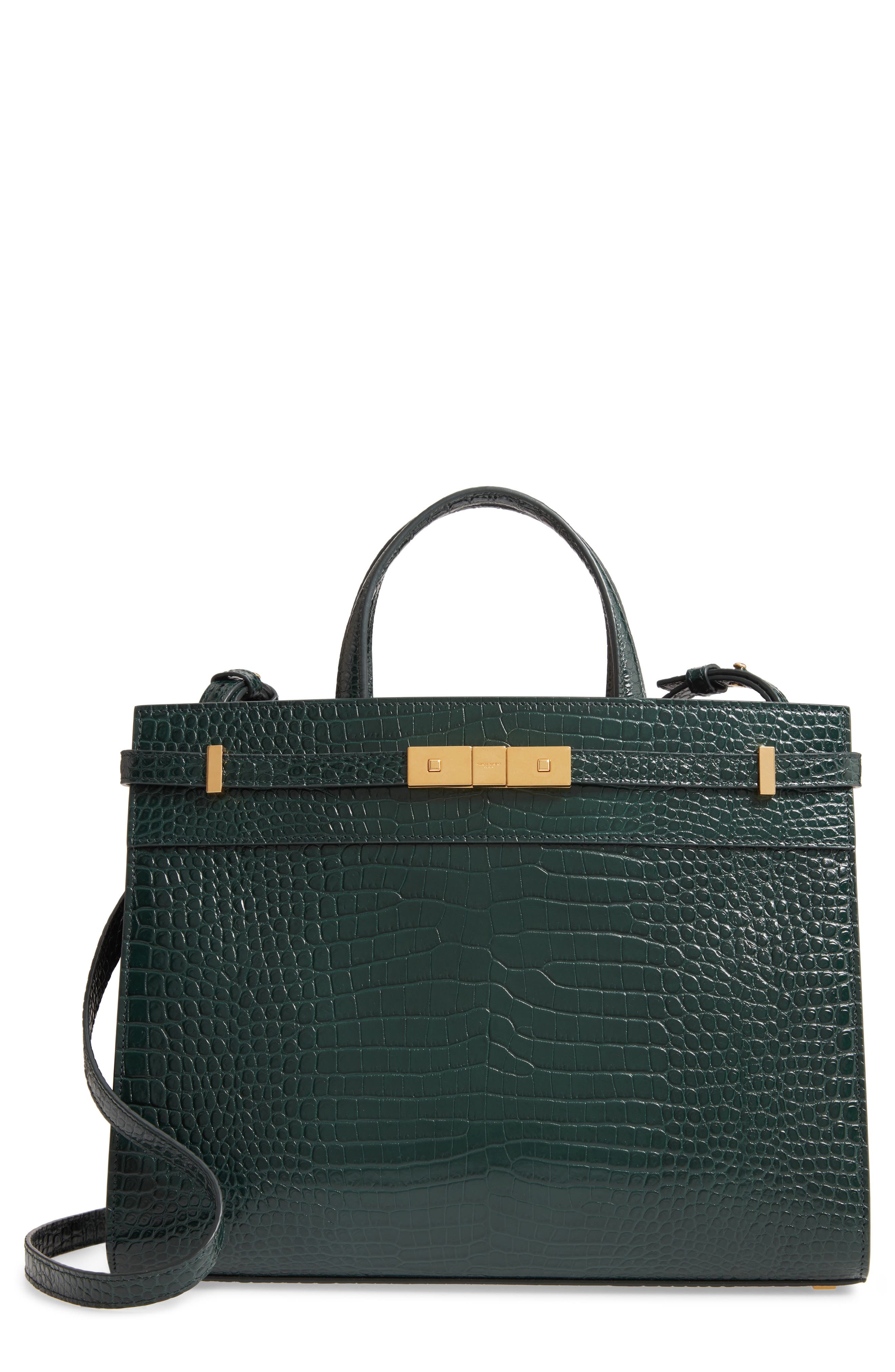 Saint Laurent Small Manhattan Croc Embossed Calfskin Satchel, Main, color, 