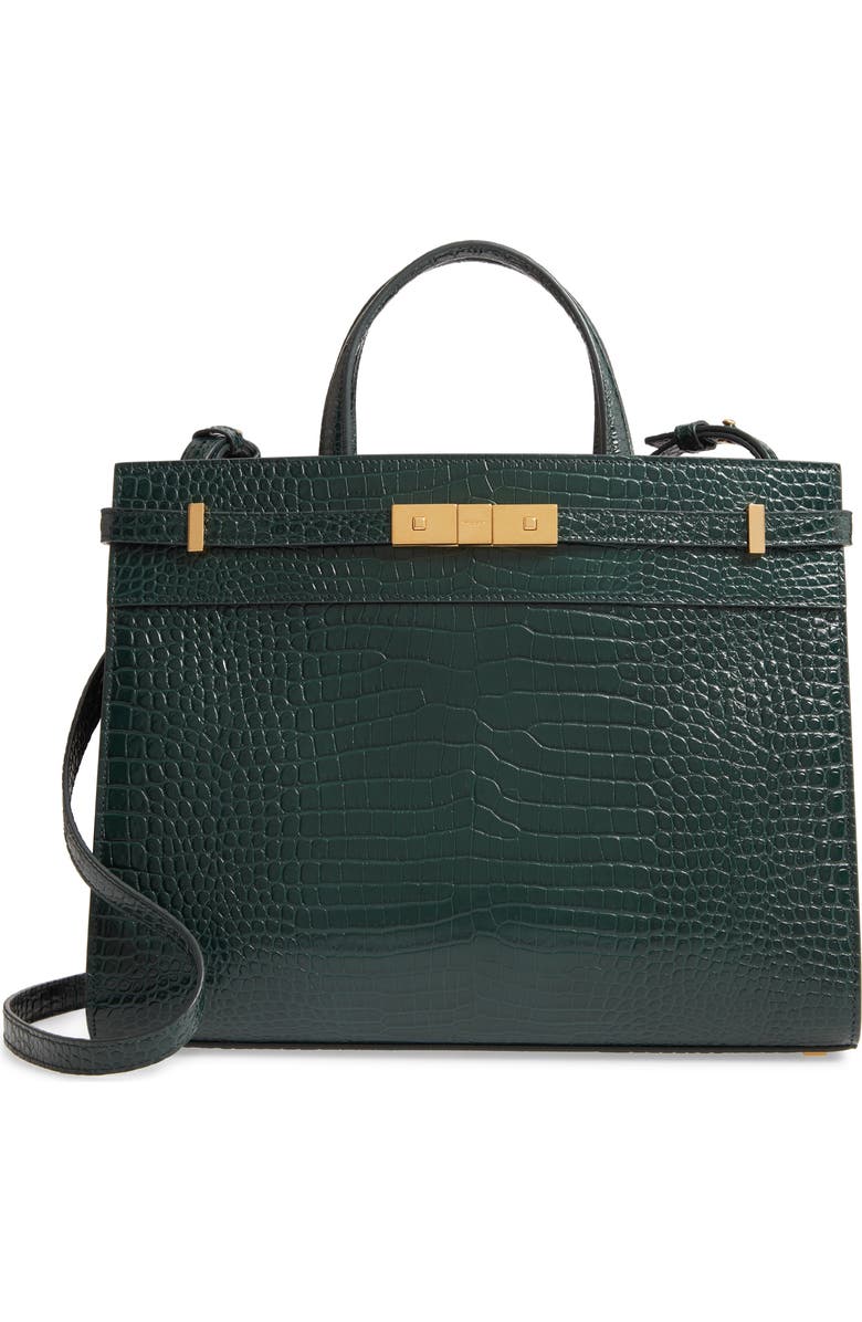 Saint Laurent Small Manhattan Croc Embossed Calfskin Satchel, Main, color,