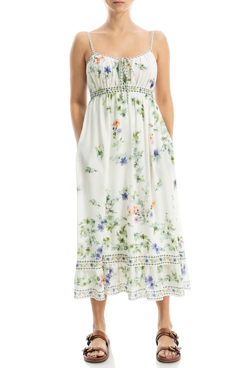 Floral Empire Waist Midi Dress, Main, color, CREAM PURPLE FLOWERS