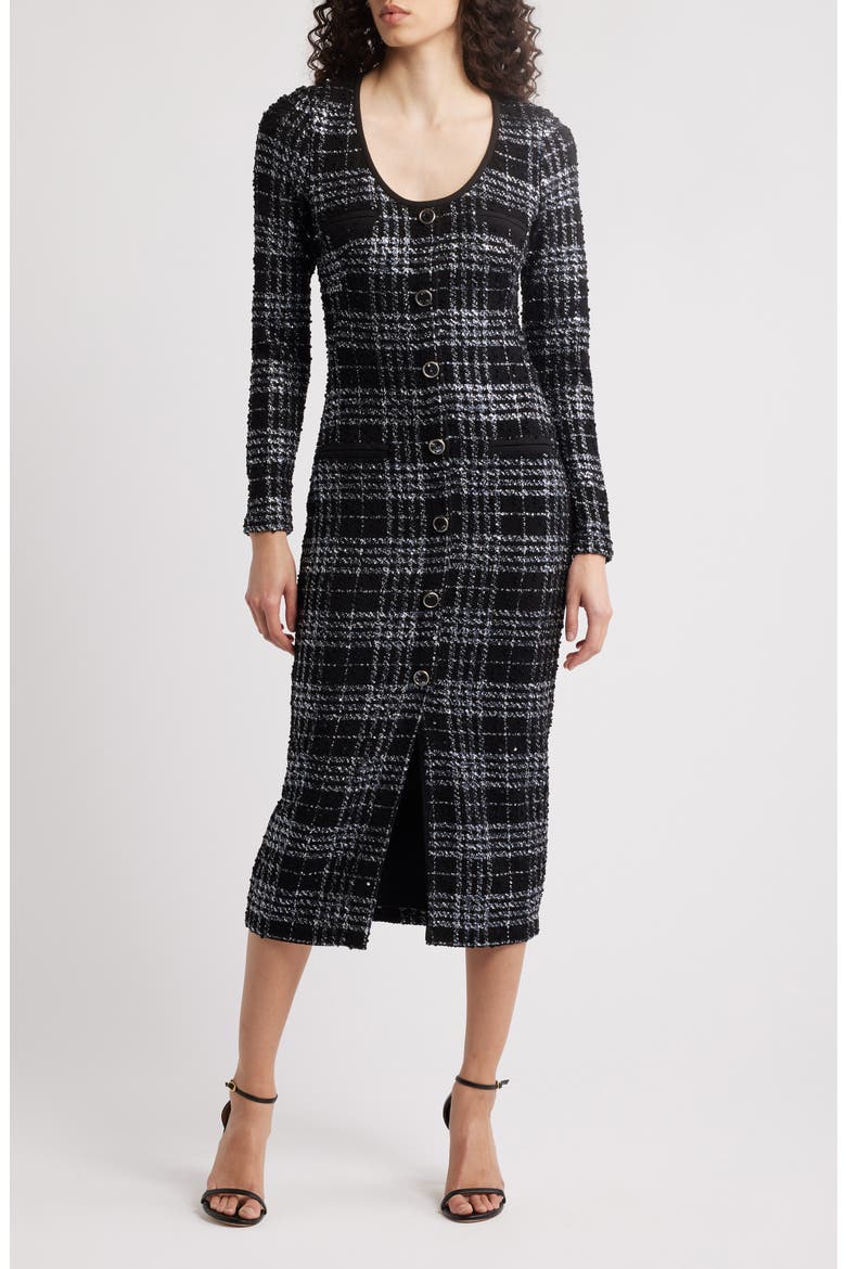 Mae Long Sleeve Tweed Midi Dress, Main, color, CARBON CLASS