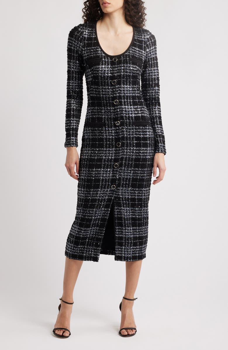 Black Halo Mae Long Sleeve Tweed Midi Dress, Main, color, Carbon Class