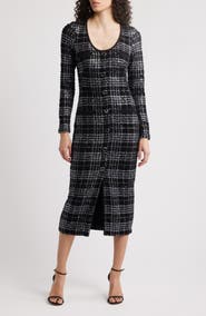 Black Halo Mae Long Sleeve Tweed Midi Dress