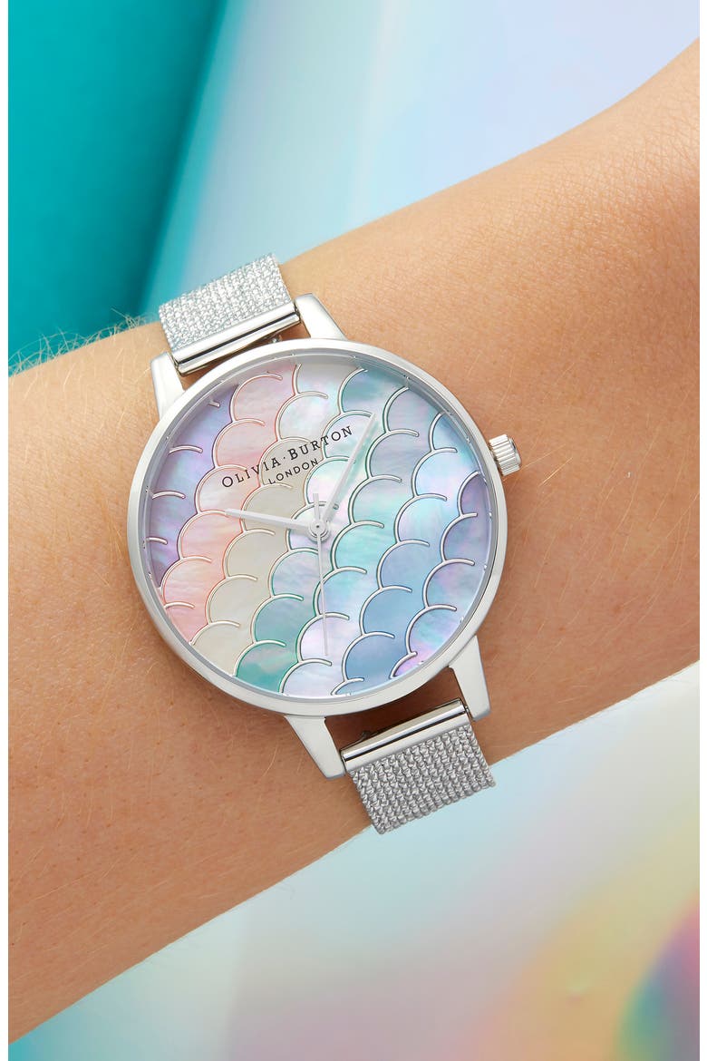 Under the Sea Mermaid Tail Bouclé Mesh Watch, 34mm, Alternate, color, SILVER/ MULTI/ SILVER