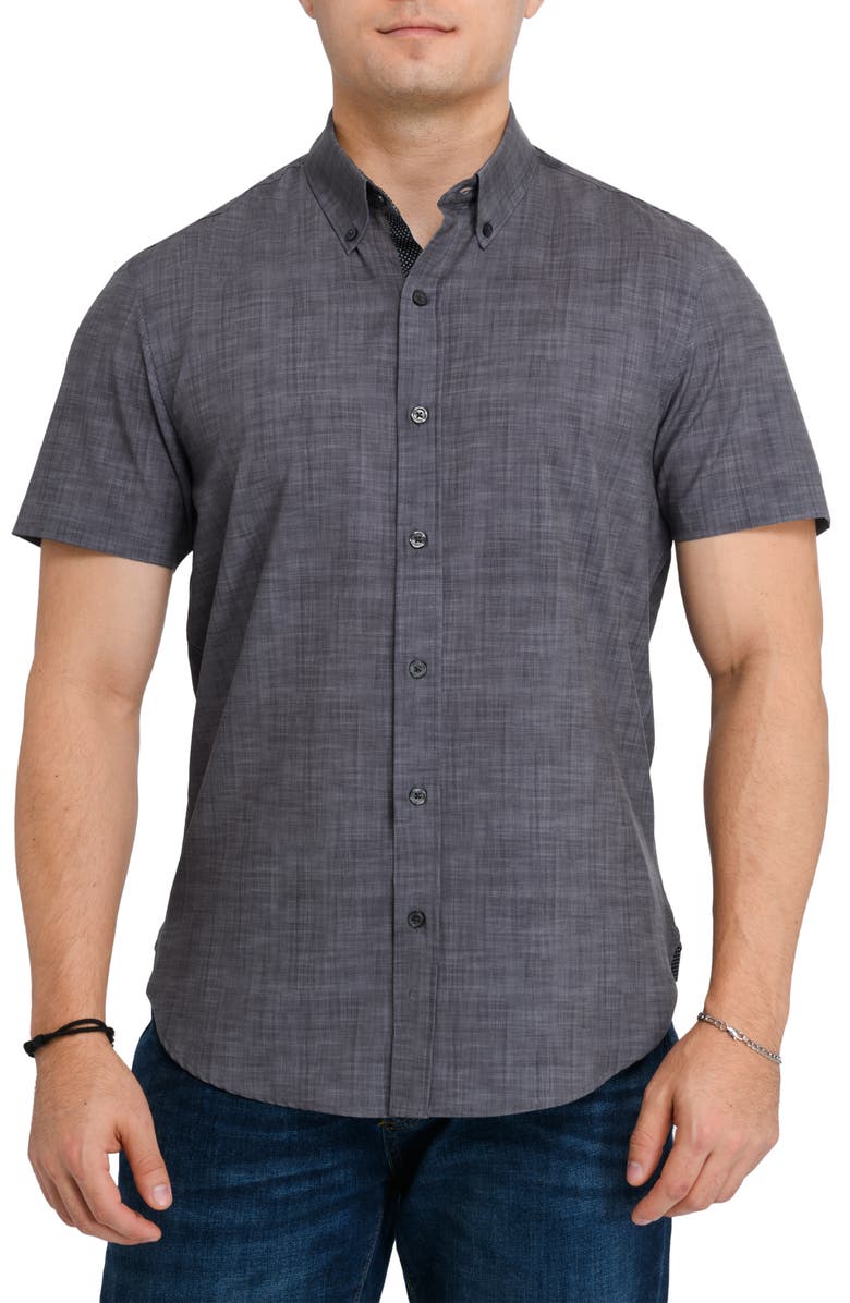 CONSTRUCT Chambray Short Sleeve Stretch Button-Down Shirt, Alternate, color, Charcoal