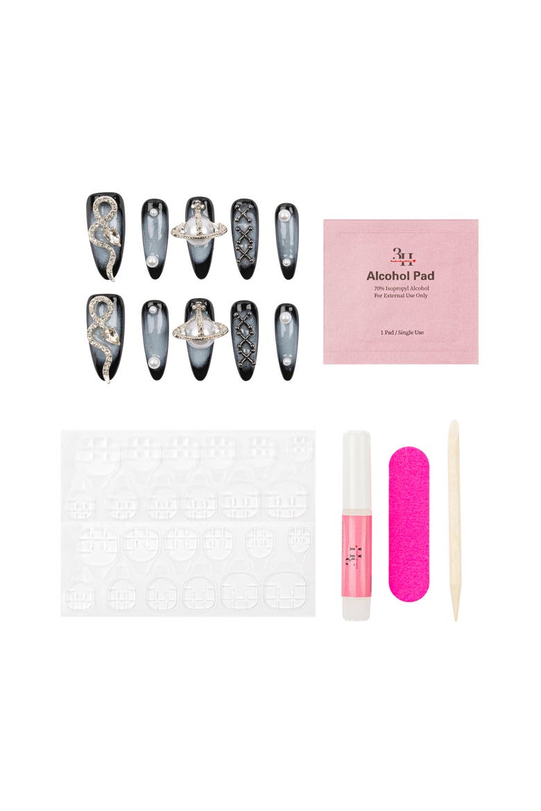 Sapphire Cascade Luxury Handmade Press on Nails, Alternate, color, Black/Cool Grey