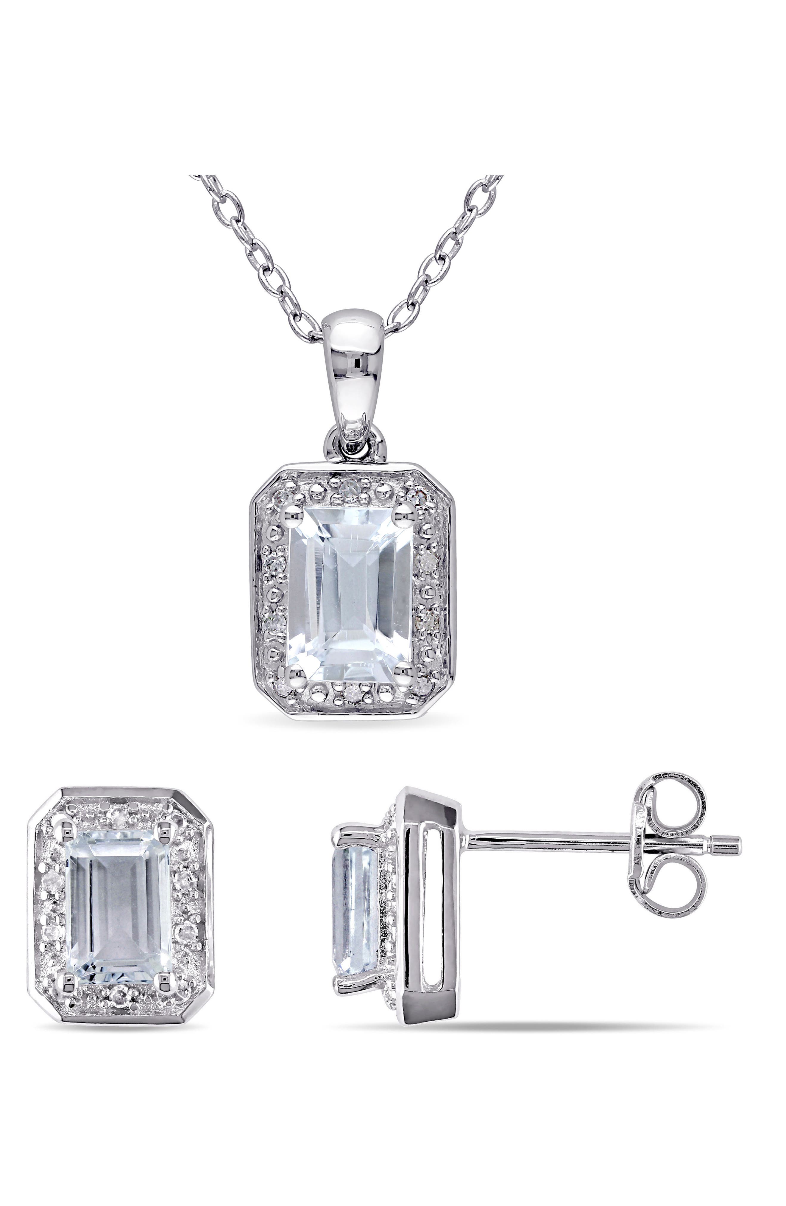 DELMAR Sterling Silver Aquamarine & Diamond Halo Earrings & Necklace Set - 0.12ct.