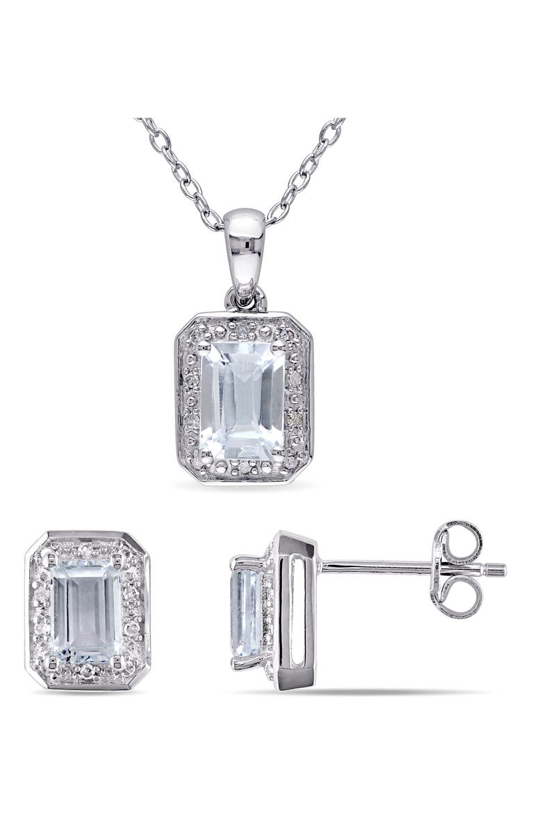 Sterling Silver Aquamarine & Diamond Halo Earrings & Necklace Set - 0.12ct., Main, color, BLUE