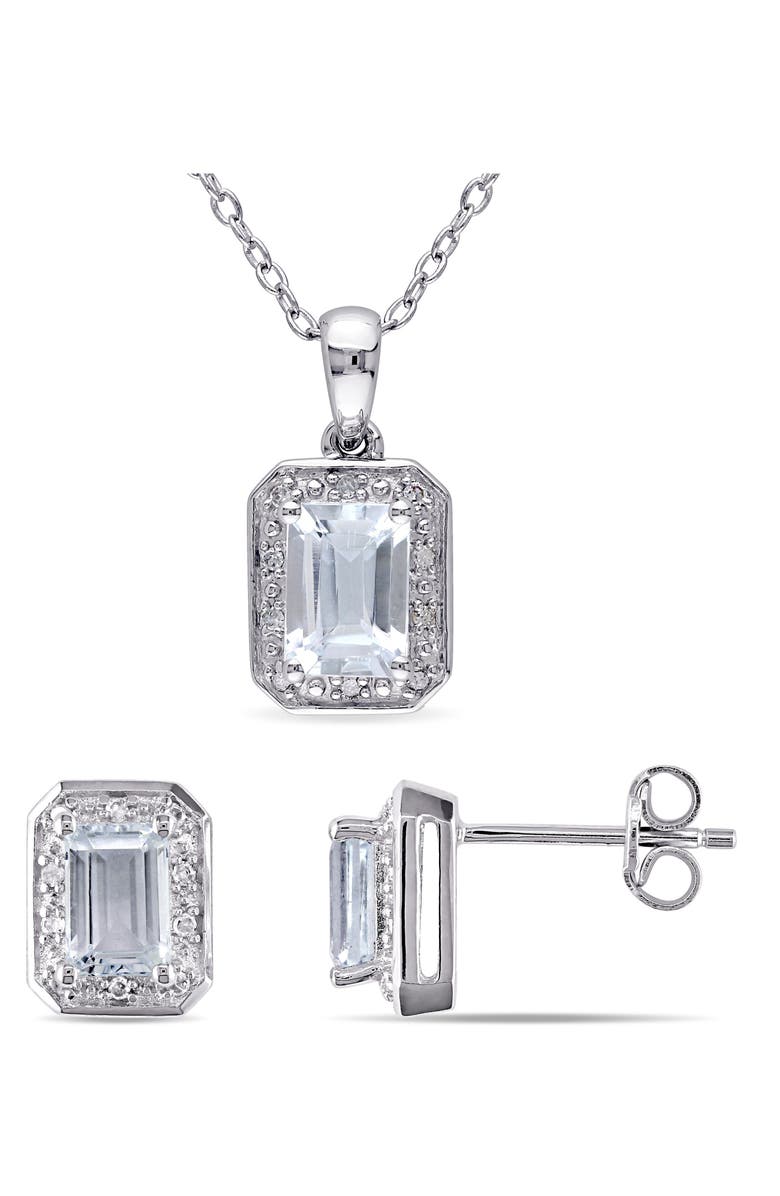 DELMAR Sterling Silver Aquamarine & Diamond Halo Earrings & Necklace Set - 0.12ct., Main, color, Blue