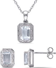 DELMAR Sterling Silver Aquamarine & Diamond Halo Earrings & Necklace Set - 0.12ct.