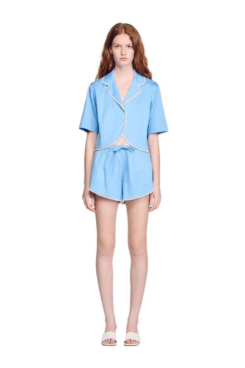 Cotton shorts with beaded trim, Main, color, Blue