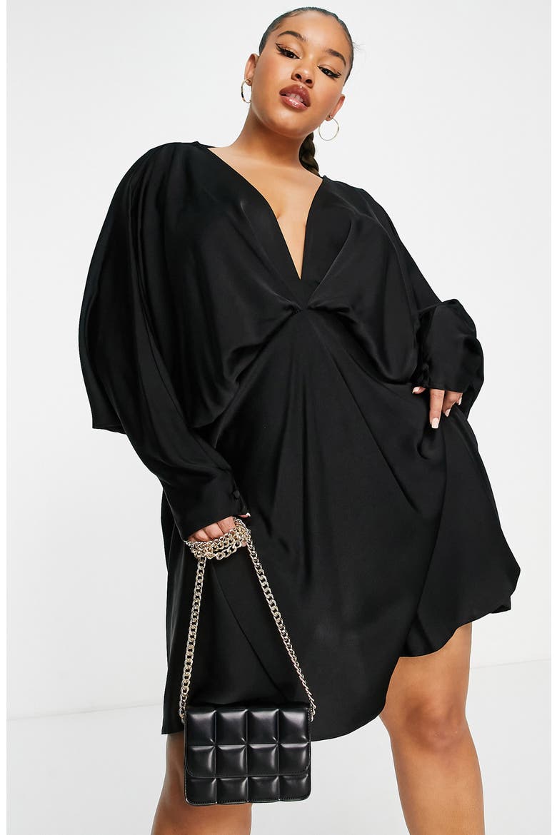 Curve Batwing Long Sleeve Satin Minidress, Alternate, color, BLACK
