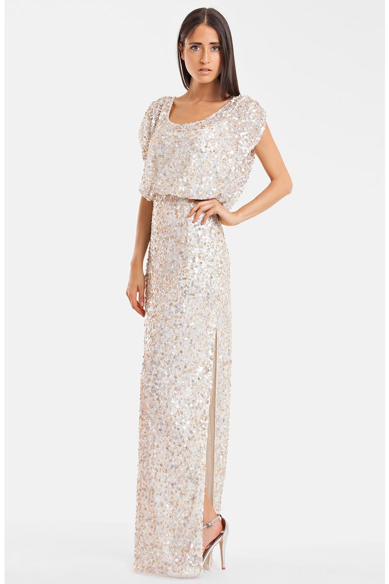 Blouson Bodice Sequin Mesh Gown, Main, color, IVORY