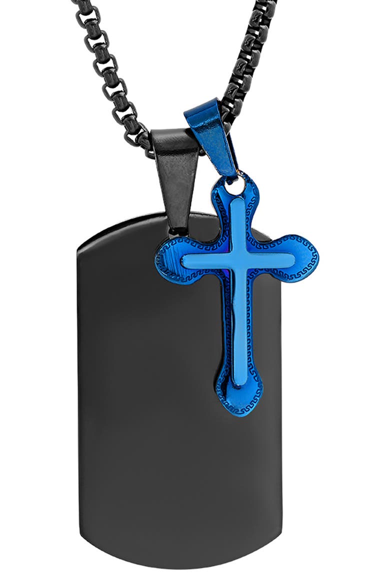 Men's Two-Tone IP Stainless Steel Dog Tag & Cross Pendant Necklace, Alternate, color, BLUE-BLACK