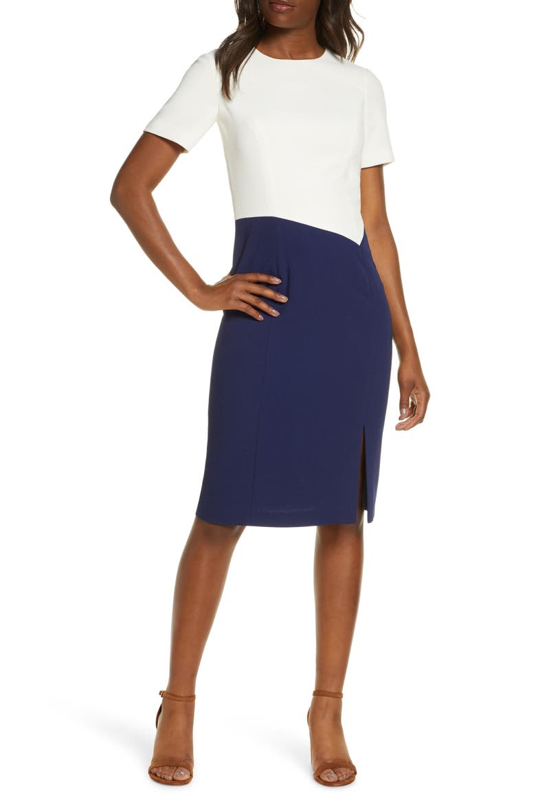 Ella Colorblock Crepe Sheath Dress, Main, color, IVORY/ NAVY