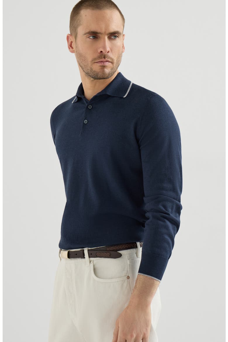 Sea Island cotton and cashmere lightweight knit polo, Alternate, color, Avio Blue