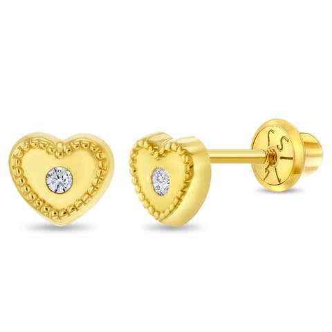 14k Centered Bezel Heart Earrings