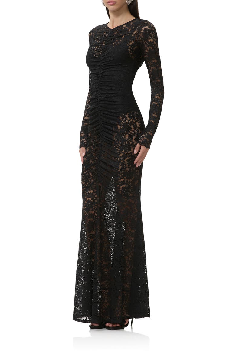 Jenima Long Sleeve Lace Mermaid Gown, Alternate, color, NOIR