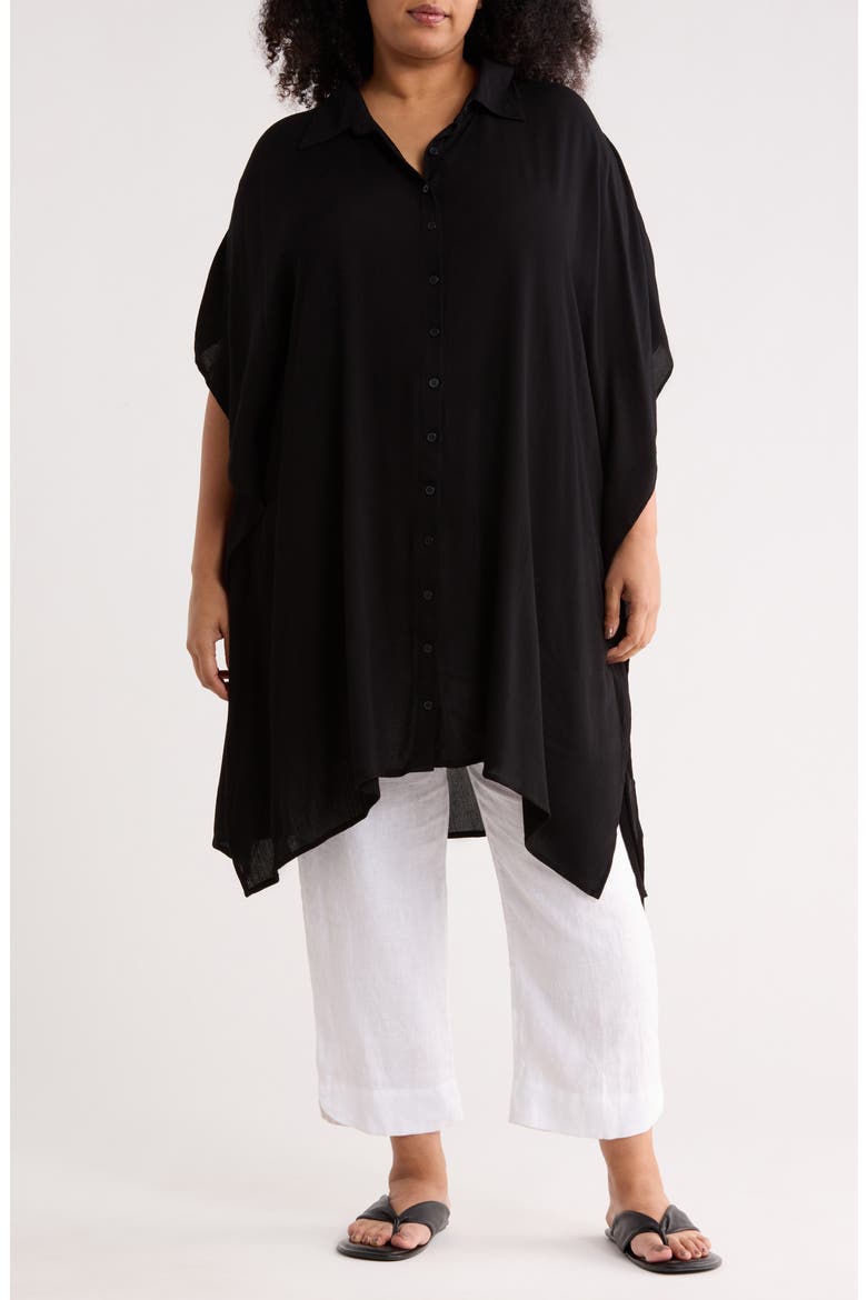 Button Front Sharkbite Hem Cover-Up Tunic, Main, color, BLACK