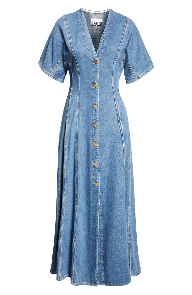 Ganni Future Button Front Organic Cotton Blend Denim Maxi Dress, Alternate, color,