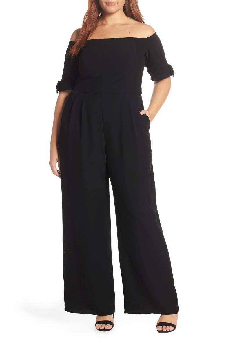 Meredith Crepe Off the Shoulder Jumpsuit, Alternate, color, BLACK